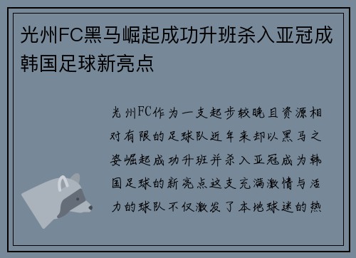 光州FC黑马崛起成功升班杀入亚冠成韩国足球新亮点 光州FC黑马崛起成功升班杀入亚冠成韩国足球新亮点